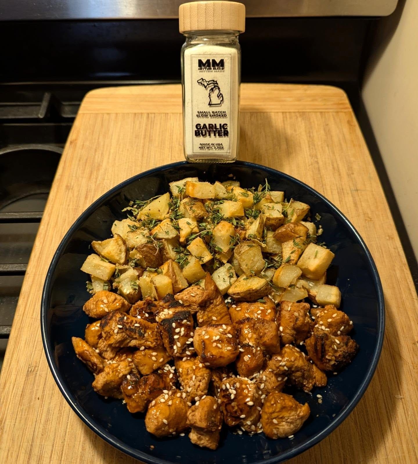 Hot Sesame Chicken + Garlic Butter Roast Potatoes